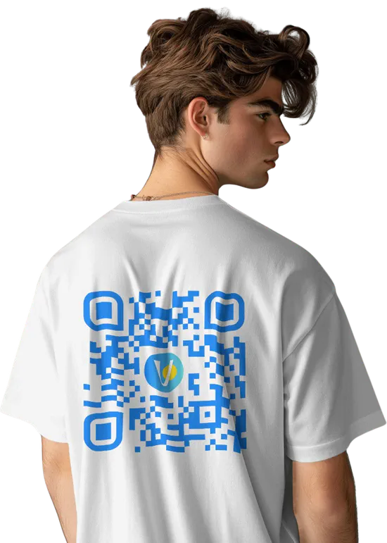 Guy wearing a VYRL trending QR tee that scans